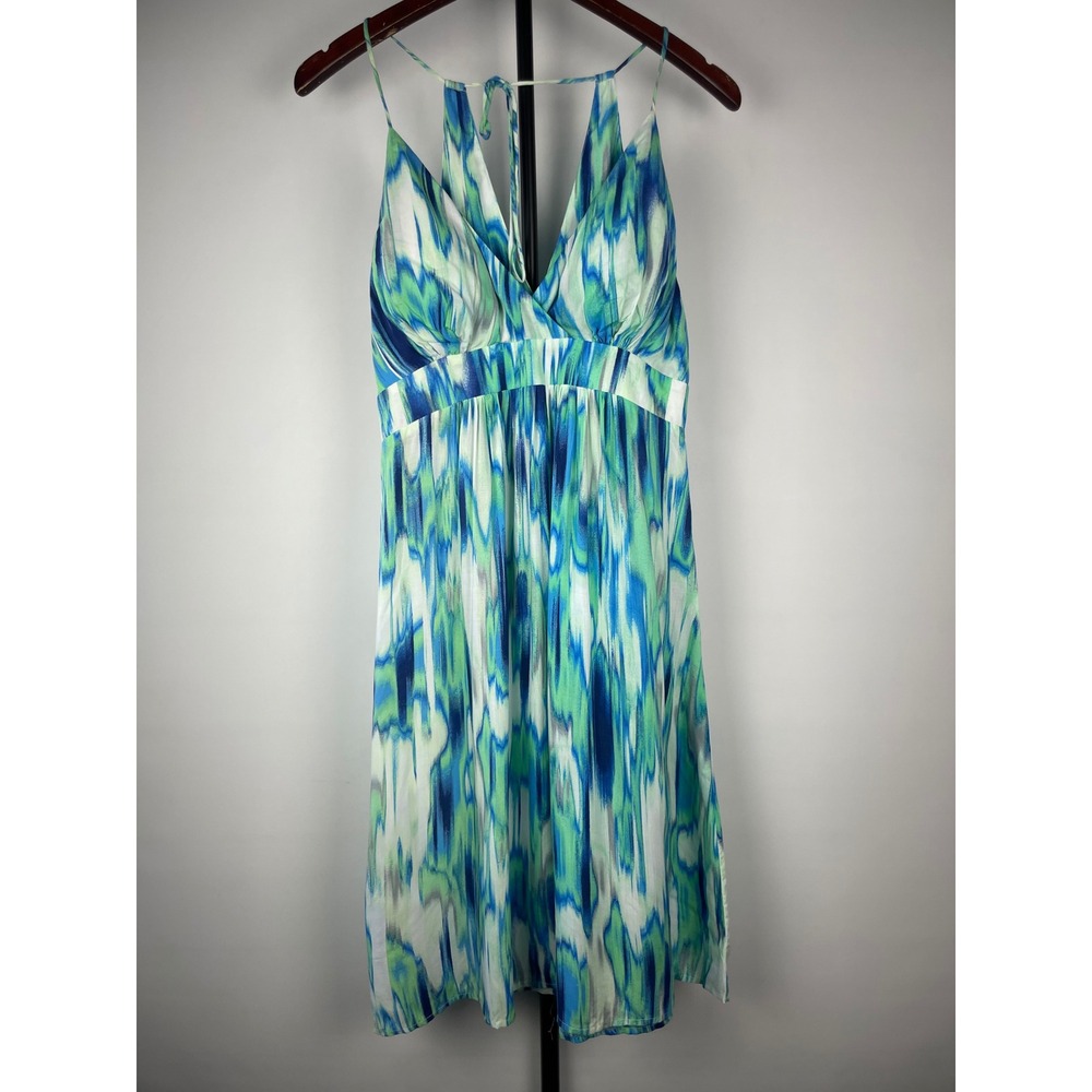 Athleta Georgia Teal Blue Green Ikat Halter Neck Midi‎ Dress Women's Size S